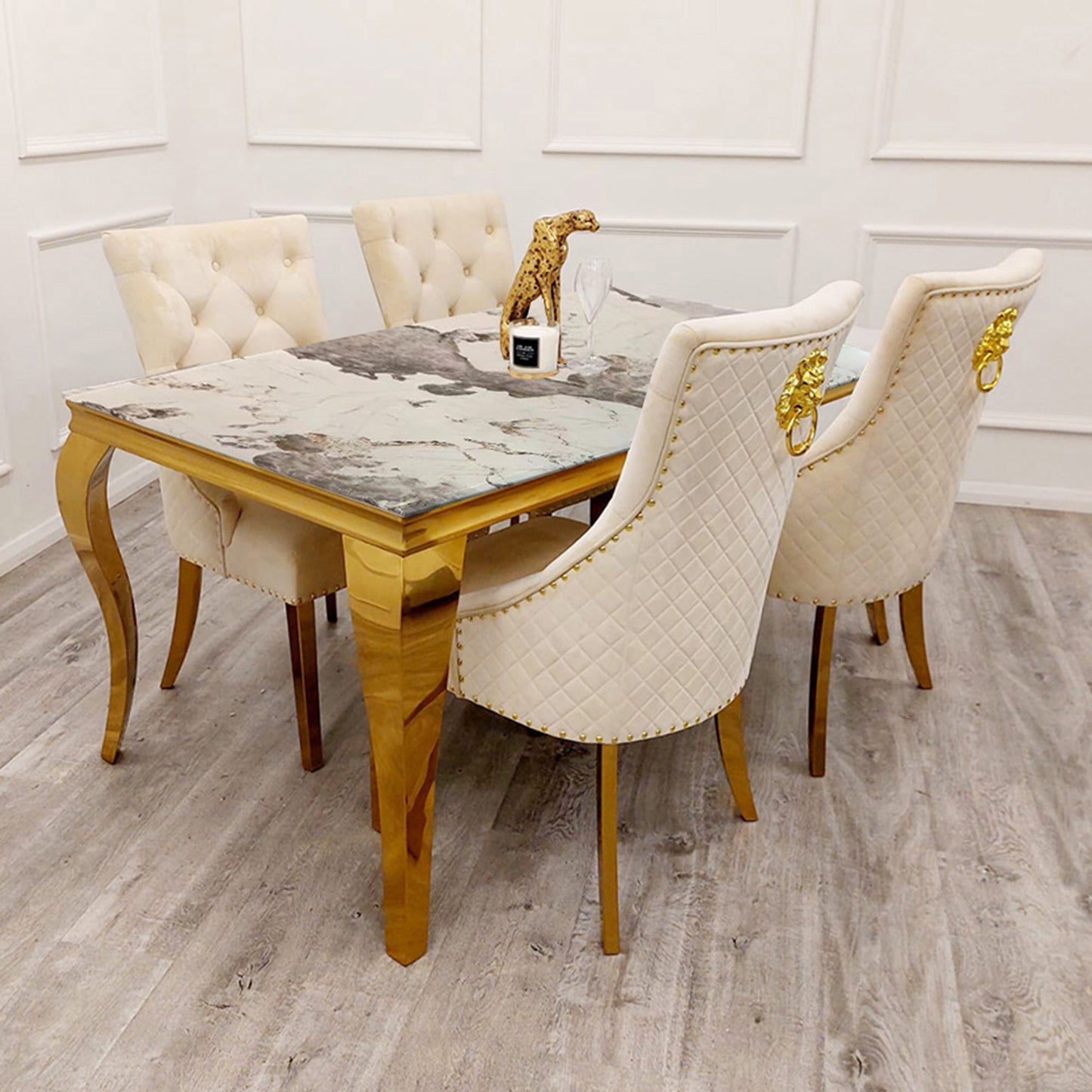 Louis Gold Dining Table Marble Top 1.3m / 1.4m / 1.5m / 1.6m / 1.8m / 2m - White | Light Grey | Black | Black&Gold | Pandora Cream