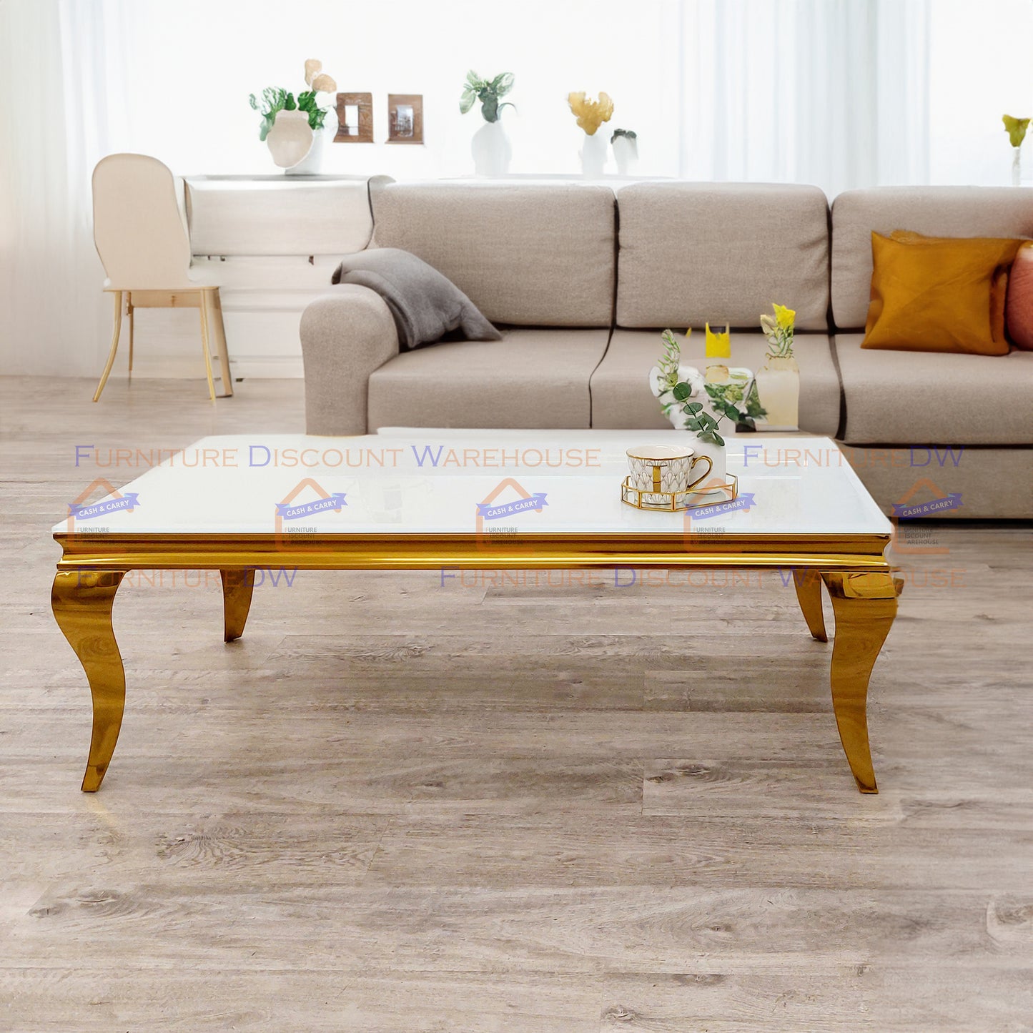 Louis Gold Coffee Table 1.3m - Marble | Sintered Stone | Tempered Glass Top