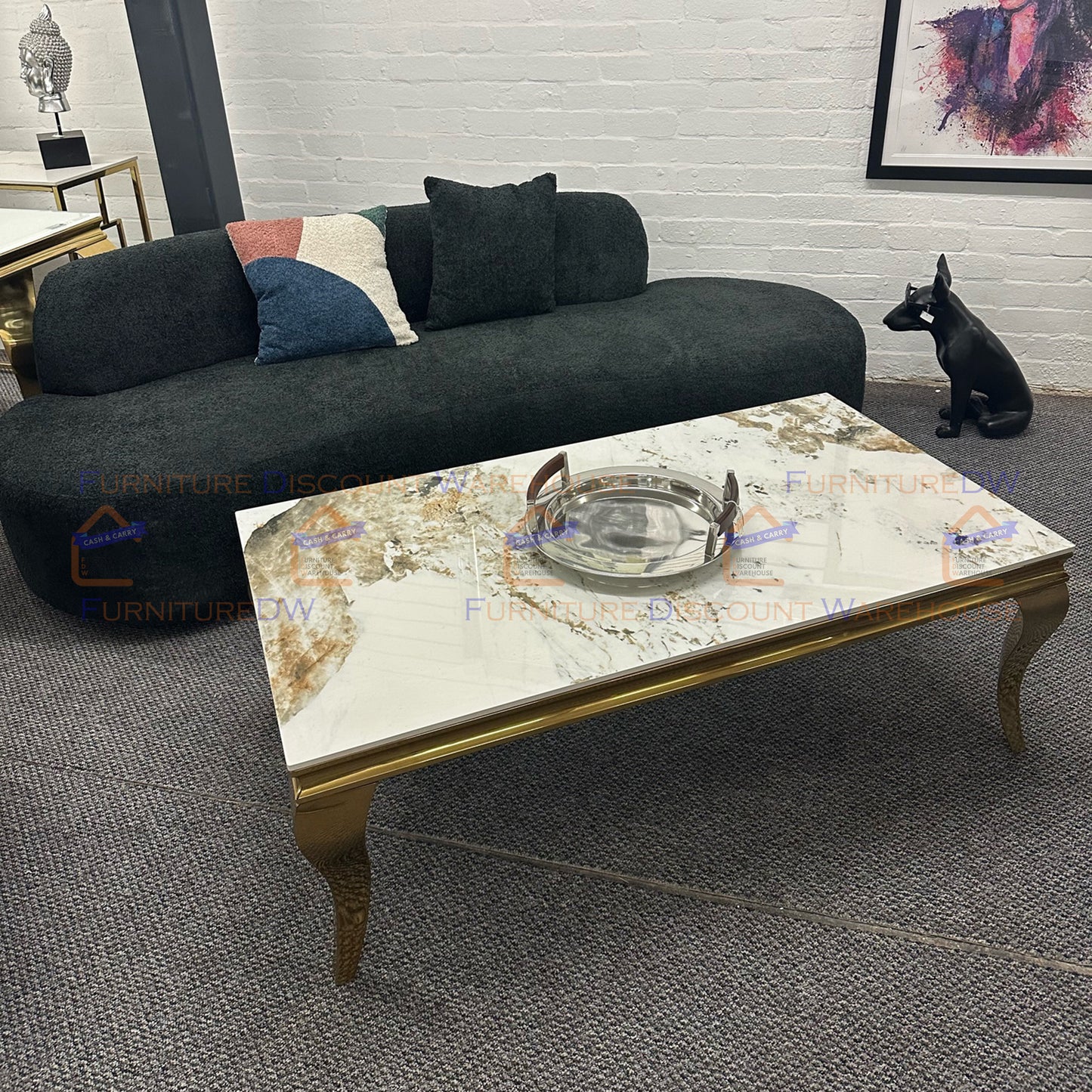 Louis Gold Coffee Table 1.3m - Marble | Sintered Stone | Tempered Glass Top