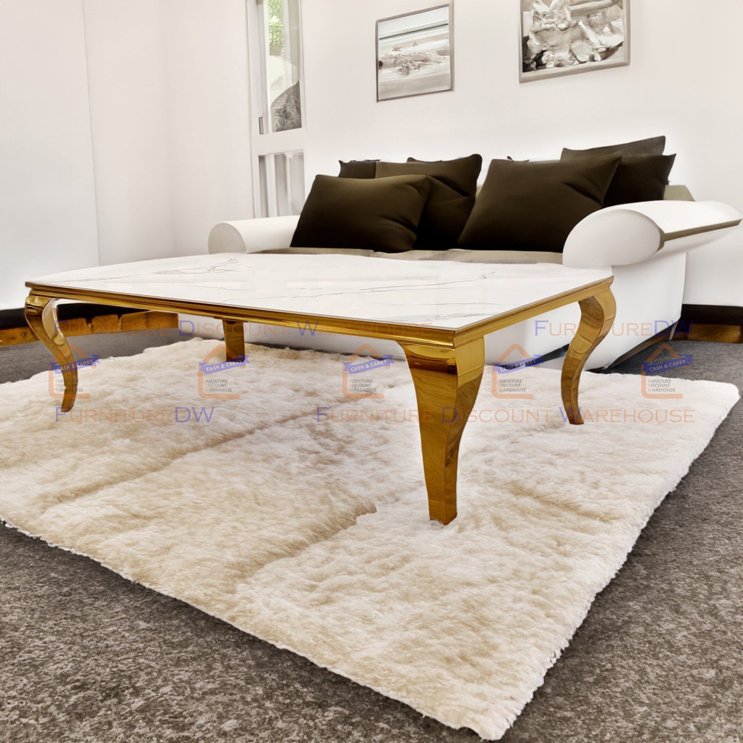 Louis Gold Coffee Table 1.3m - Marble | Sintered Stone | Tempered Glass Top