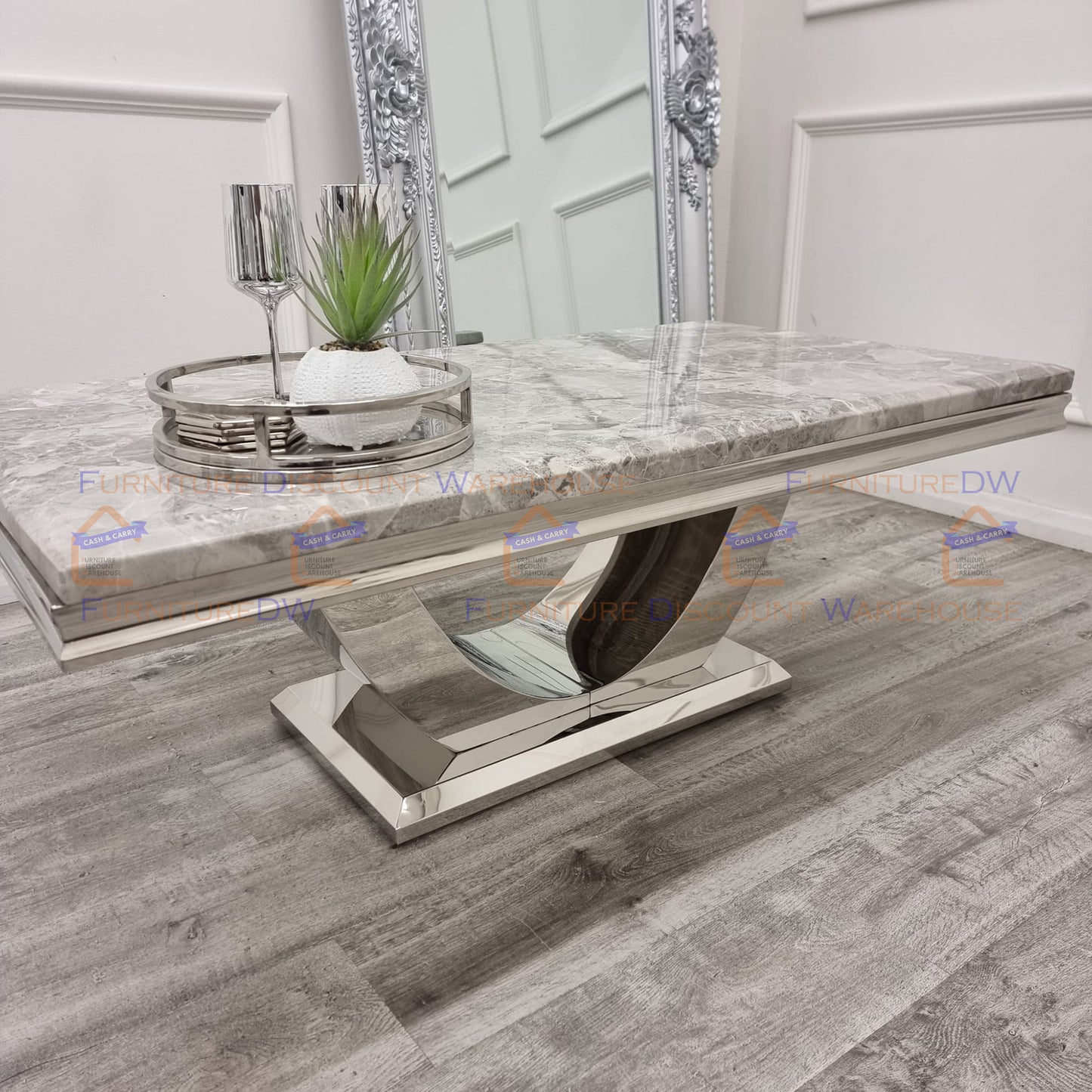 Arial Chrome Coffee Table 1.3m - Marble | Sintered Stone | Tempered Glass Top