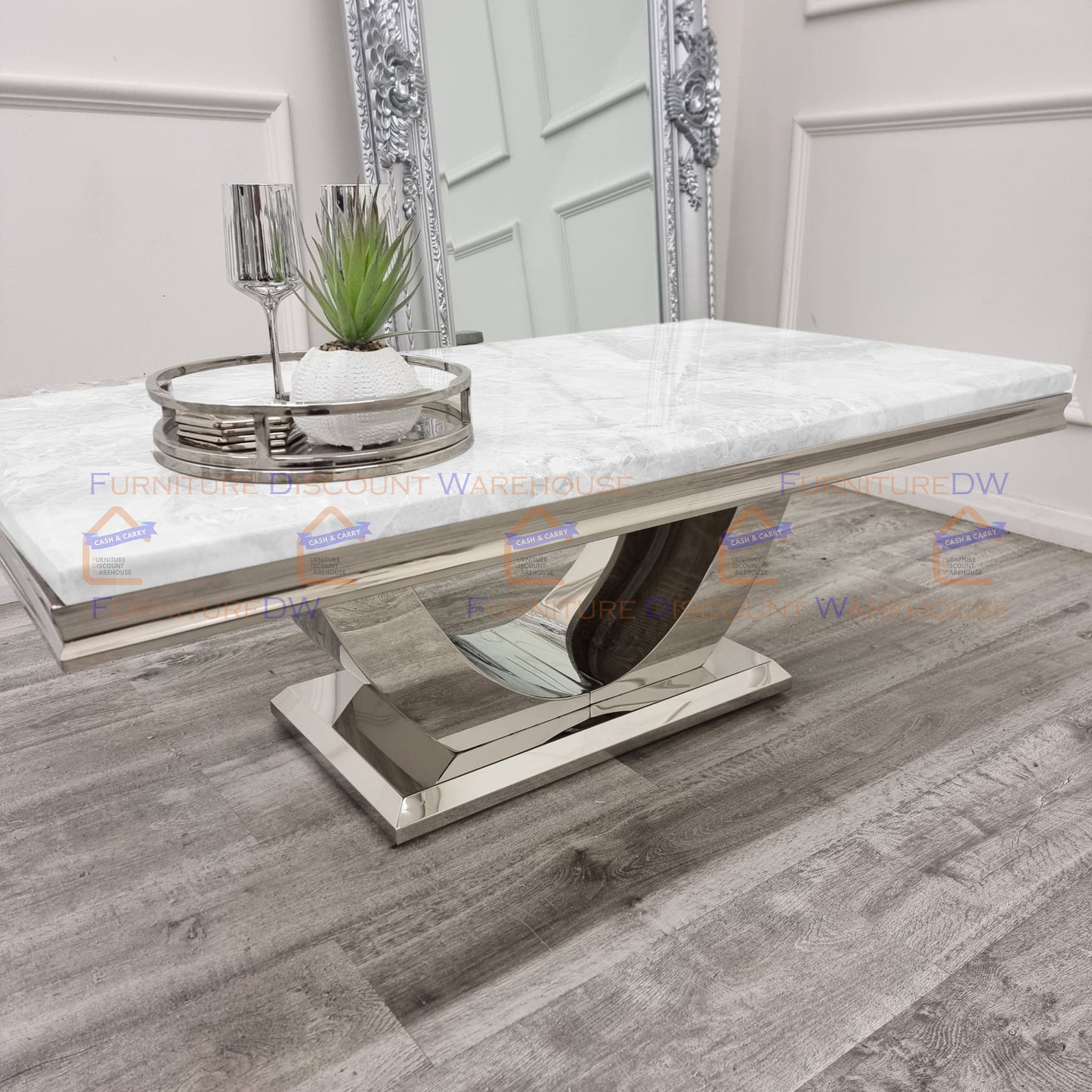 Arial Chrome Coffee Table 1.3m - Marble | Sintered Stone | Tempered Glass Top