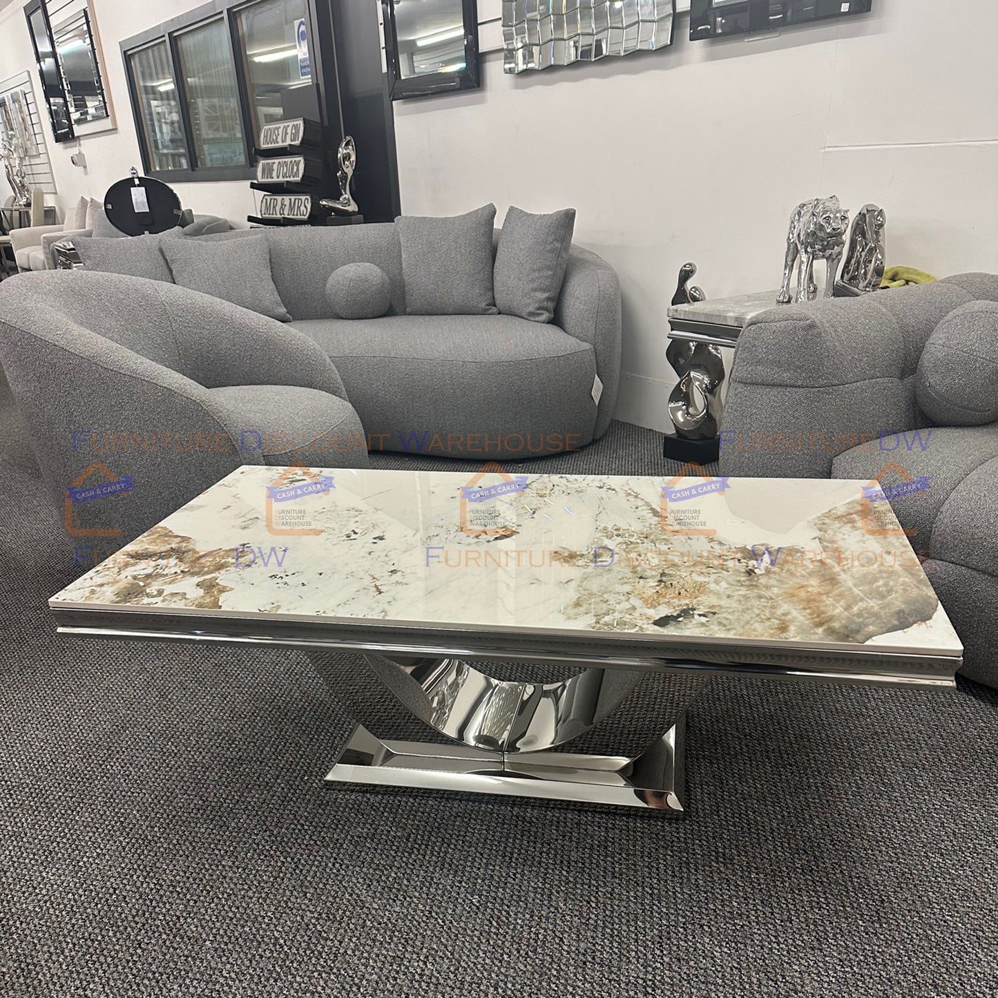 Arial Chrome Coffee Table 1.3m - Marble | Sintered Stone | Tempered Glass Top