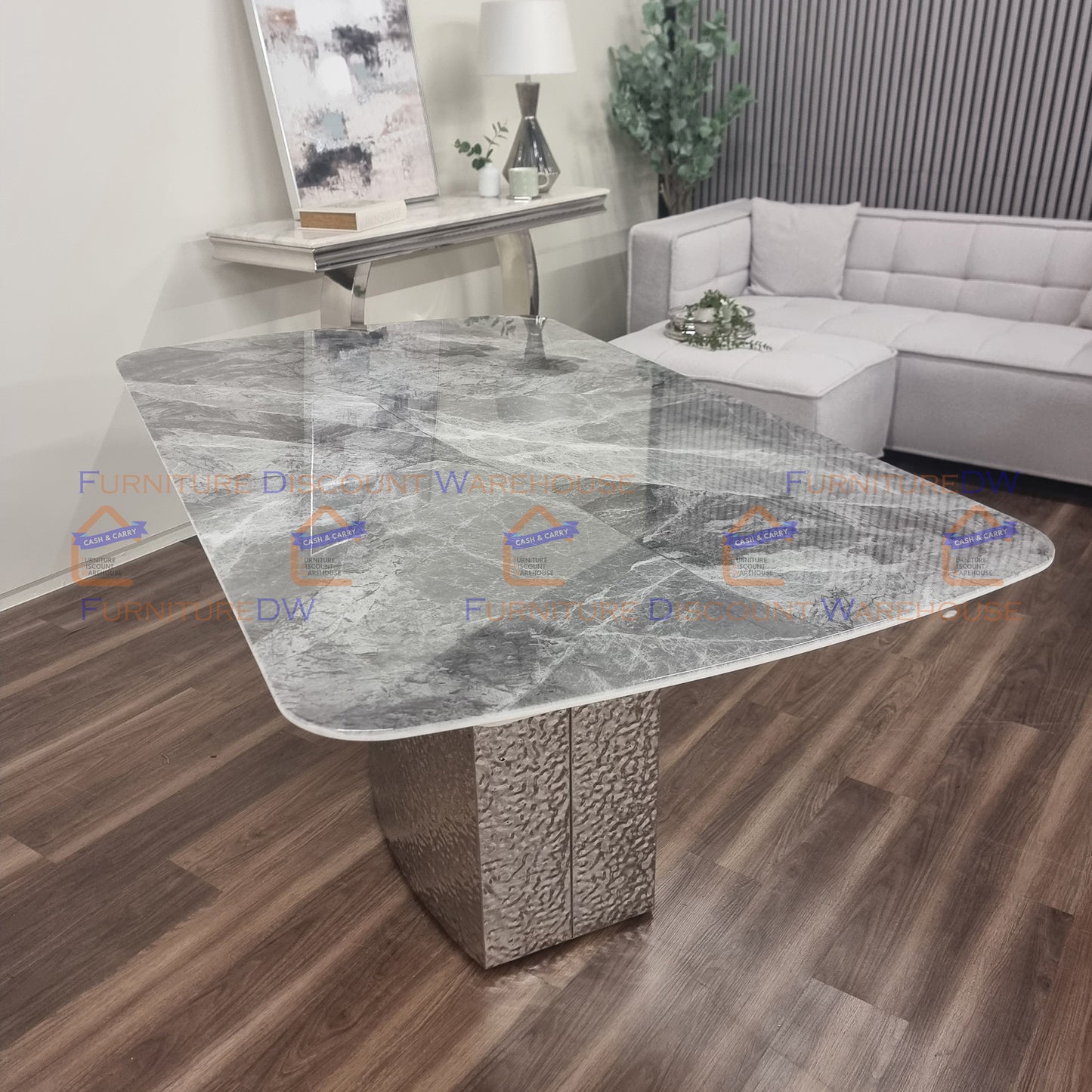 Roma Metal Block Slimline Dining Table 1.6m / 1.8m | White / Grey Marble