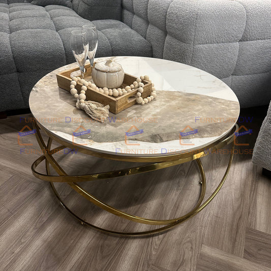 Spiro Gold Coffee Table 80cm - Circle Stand Cream Sintered Stone